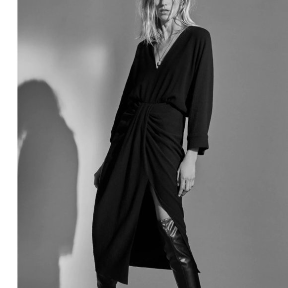 ZARA LIMITED EDITION WOOL BLACK LOW V NECK DRAPED MIDI DRESS - Picture 8 of 12